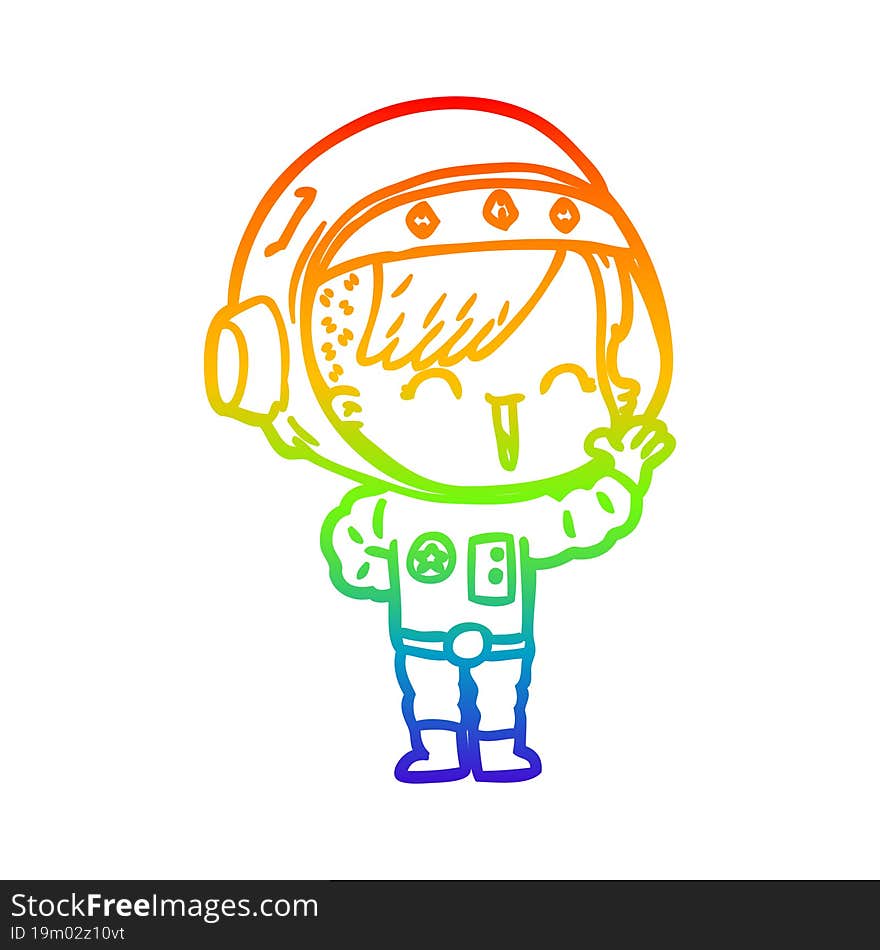 rainbow gradient line drawing cartoon happy astronaut girl waving