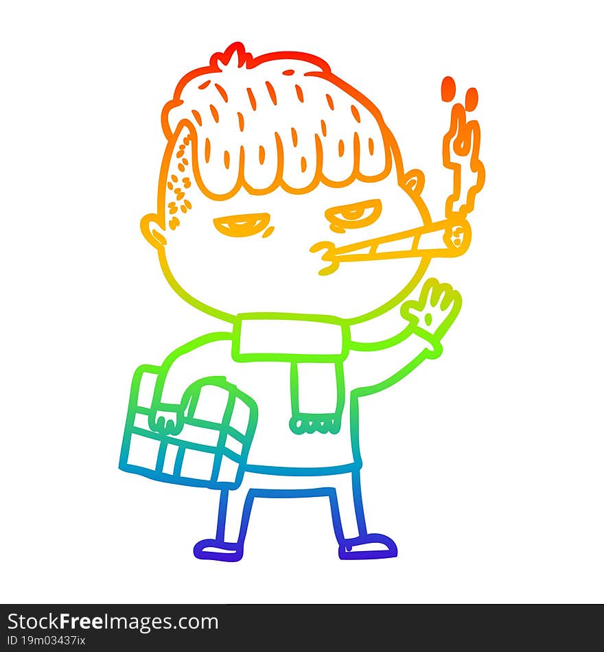 rainbow gradient line drawing of a cartoon man smoking carrying christmas gift