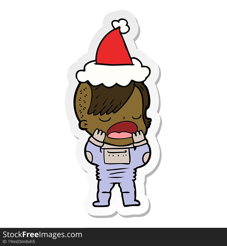 sticker cartoon of a cool hipster girl in space suit wearing santa hat