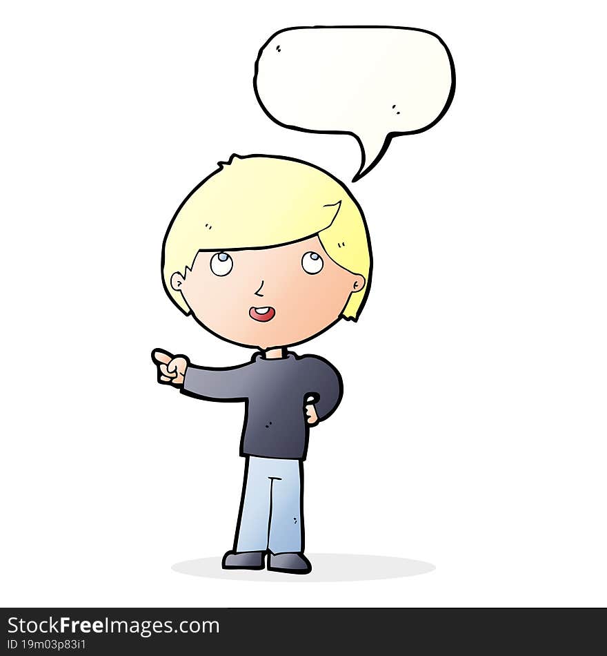 cartoon boy pointing with speech bubble