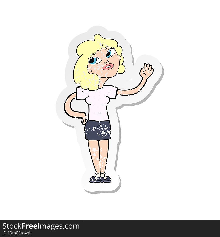 retro distressed sticker of a cartoon woman waving