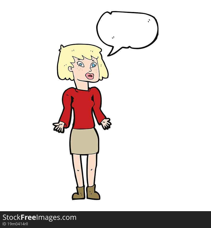 cartoon woman shrugging shoulders with speech bubble