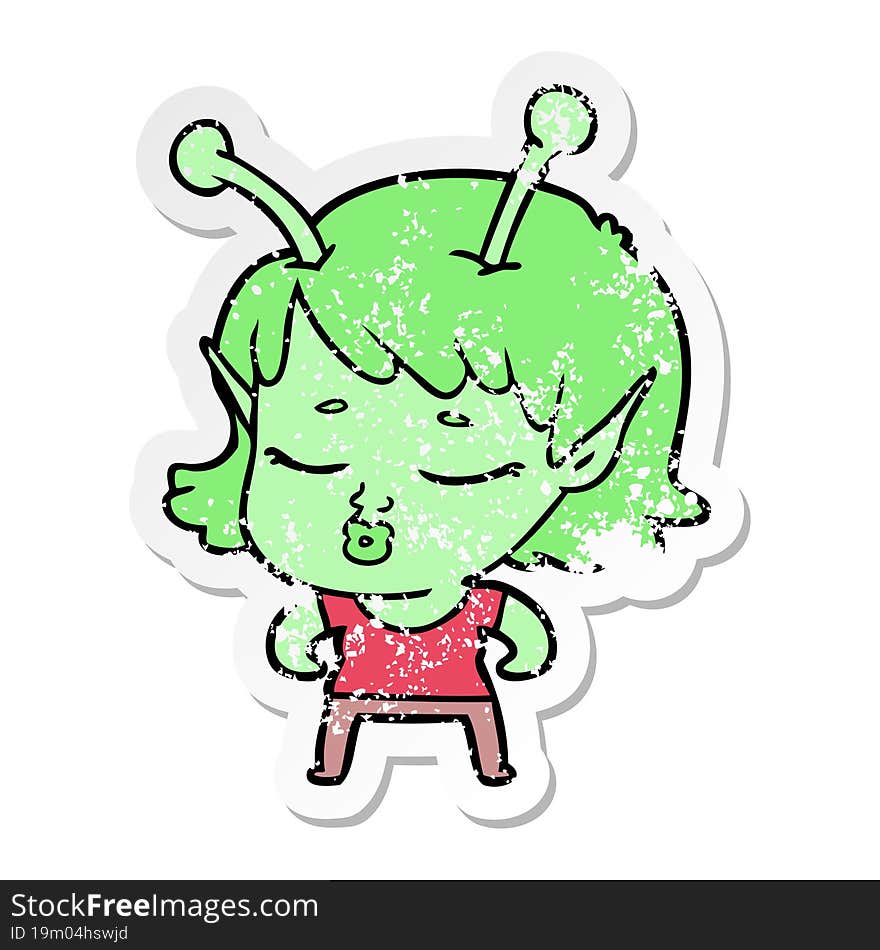 distressed sticker of a cute alien girl cartoon