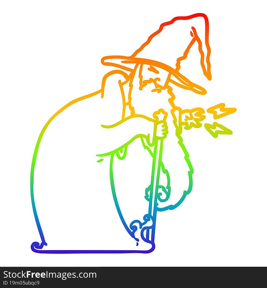 rainbow gradient line drawing of a cartoon wizard