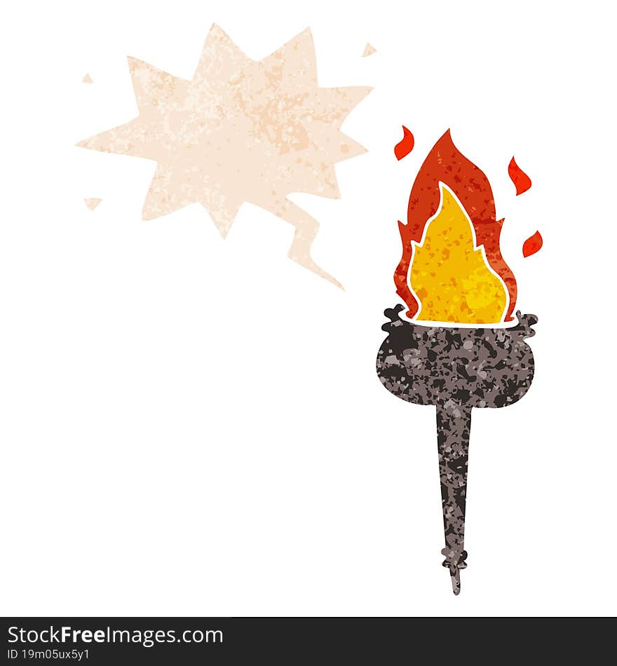 cartoon flaming chalice and speech bubble in retro textured style