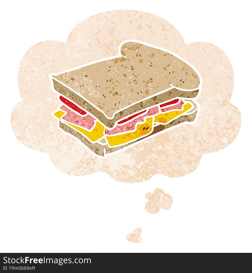 Cartoon Ham Sandwich And Thought Bubble In Retro Textured Style