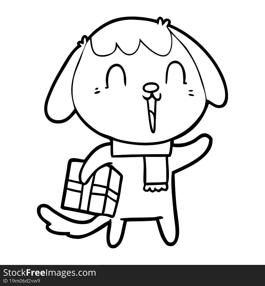 cute cartoon dog with christmas present. cute cartoon dog with christmas present