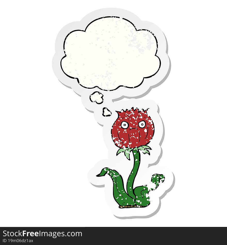 cartoon thistle with thought bubble as a distressed worn sticker