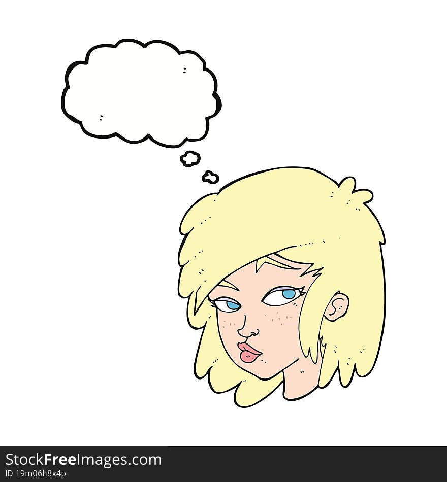 cartoon curious woman with thought bubble