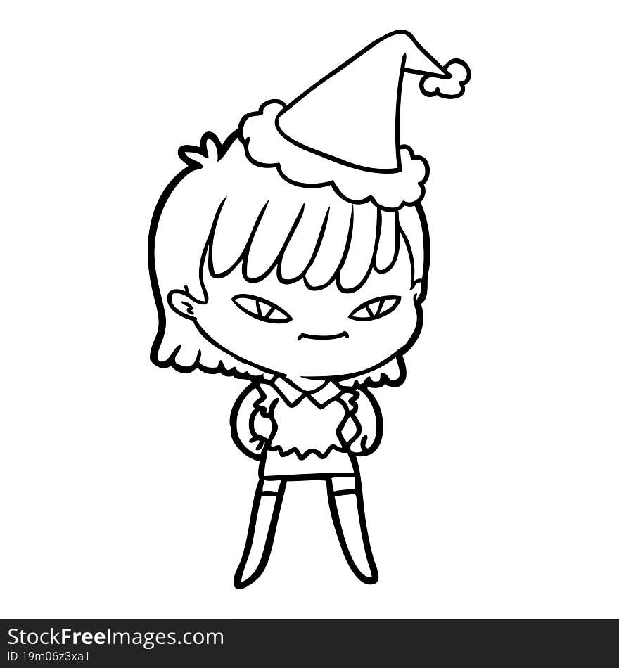 hand drawn line drawing of a woman wearing santa hat