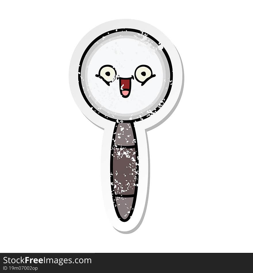 distressed sticker of a cute cartoon magnifying glass