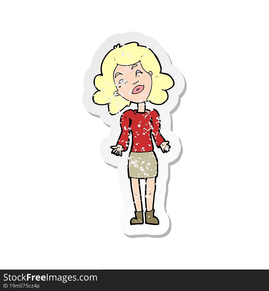 retro distressed sticker of a cartoon woman shrugging shoulders