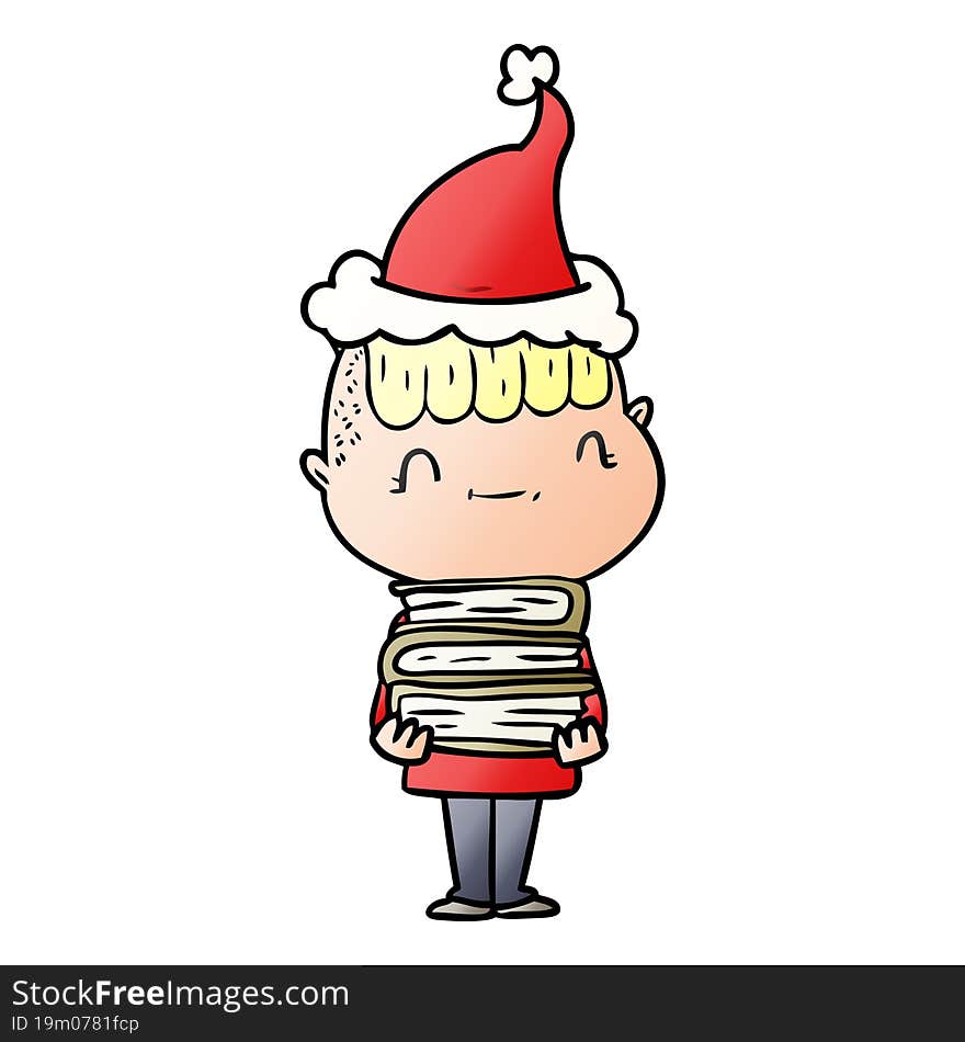 gradient cartoon of a friendly boy with books wearing santa hat