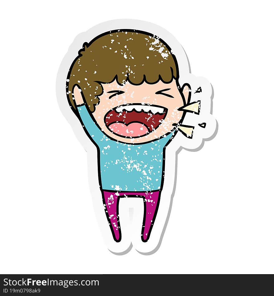 Distressed Sticker Of A Cartoon Laughing Man