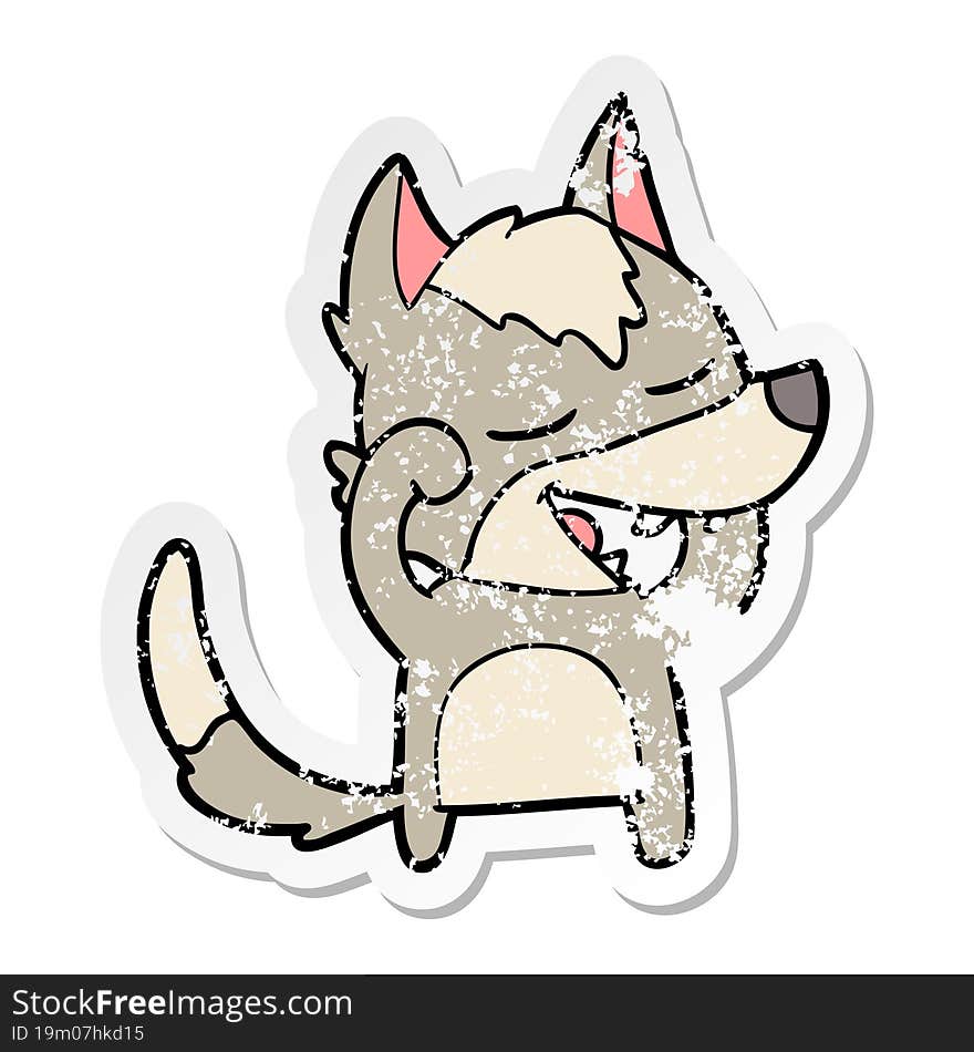 distressed sticker of a cartoon wolf laughing