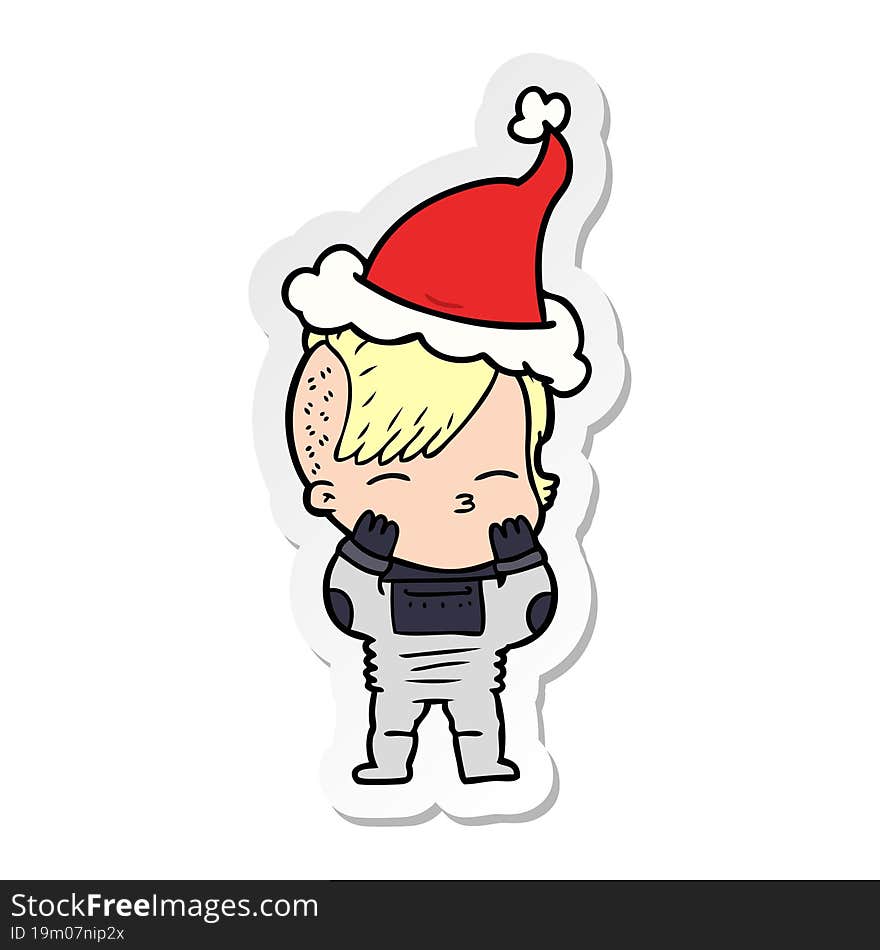 sticker cartoon of a girl wearing futuristic clothes wearing santa hat