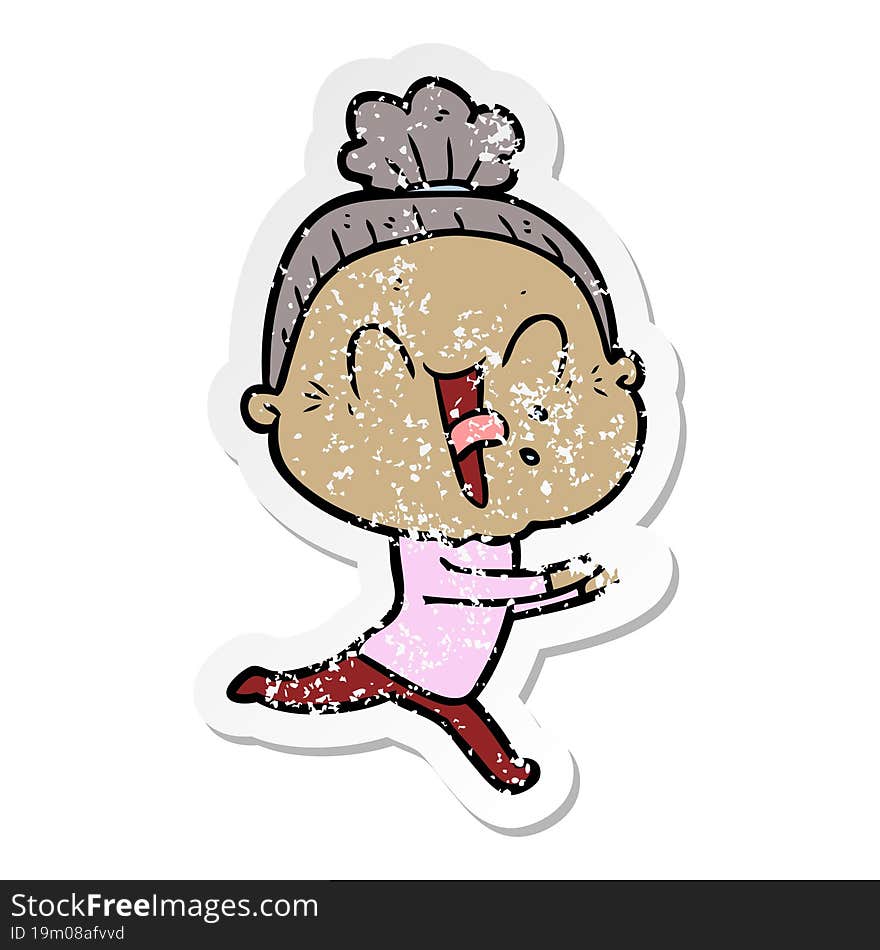 Distressed Sticker Of A Cartoon Happy Old Woman