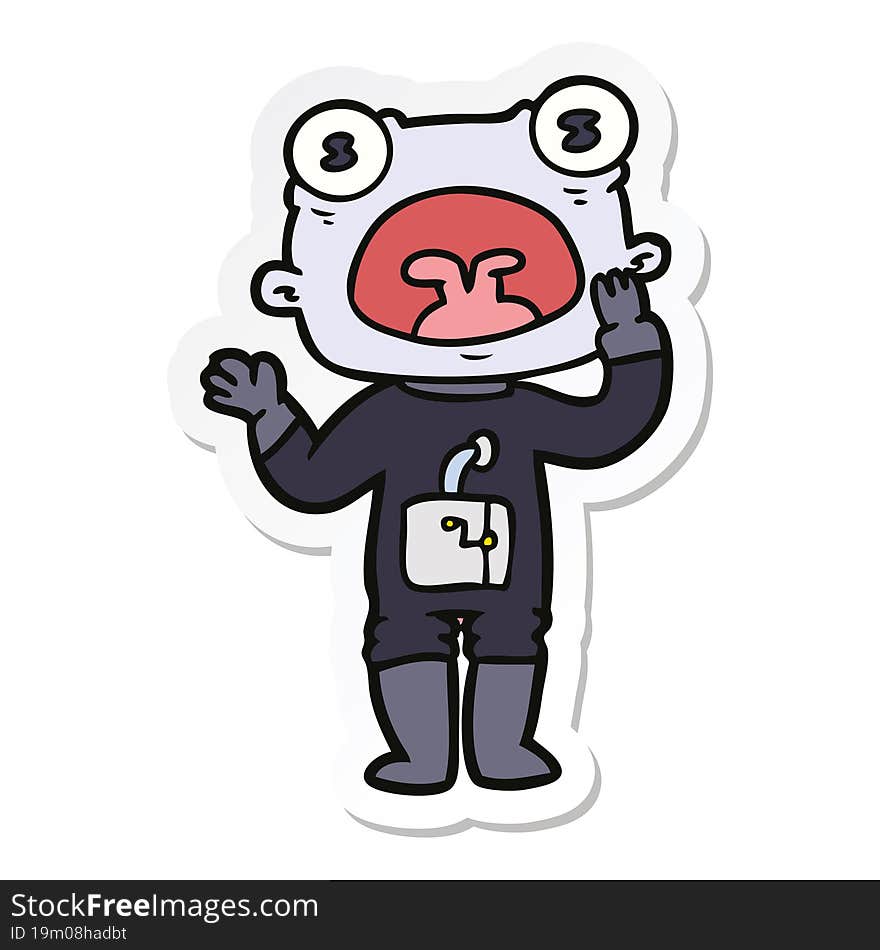 sticker of a cartoon weird alien communicating