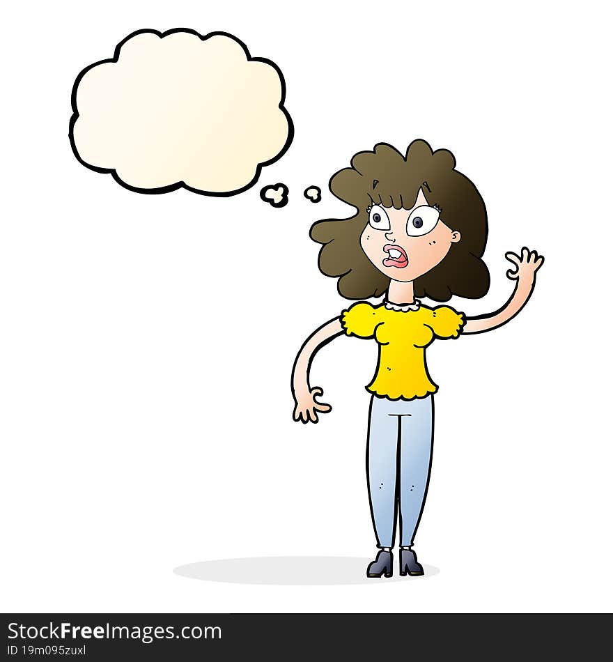 Cartoon Worried Woman Waving With Thought Bubble