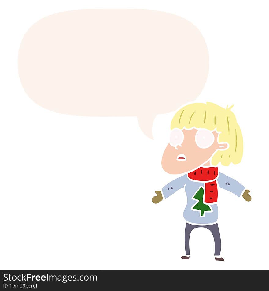 cartoon surprised christmas person and speech bubble in retro style