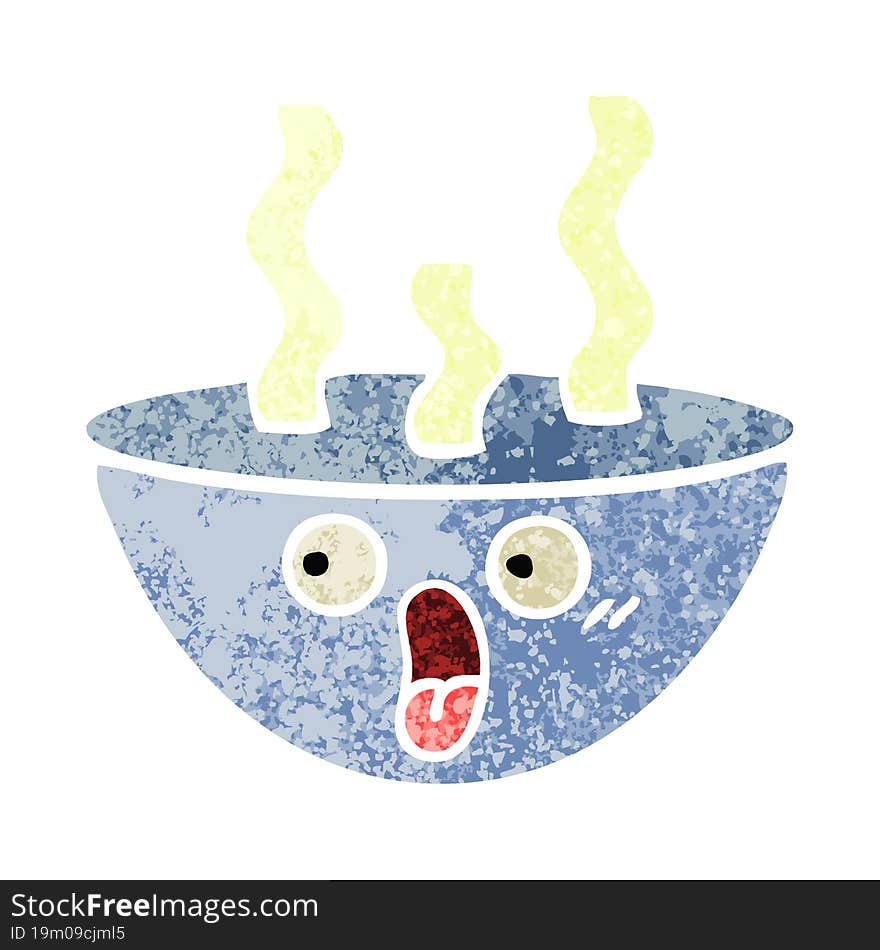 retro illustration style cartoon bowl of hot soup