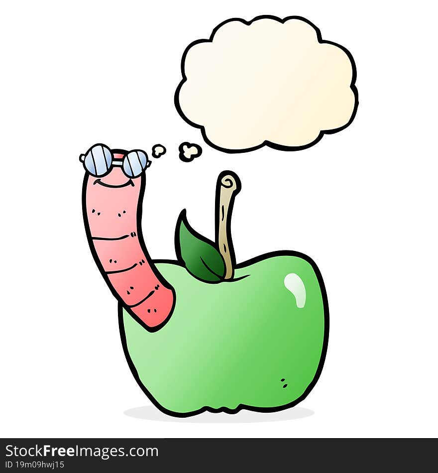 cartoon apple with worm with thought bubble