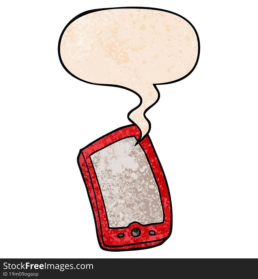 cartoon mobile phone with speech bubble in retro texture style