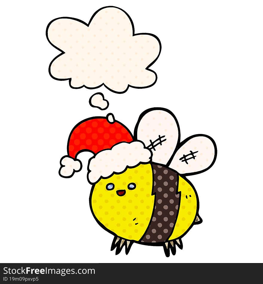 cute cartoon bee wearing christmas hat and thought bubble in comic book style