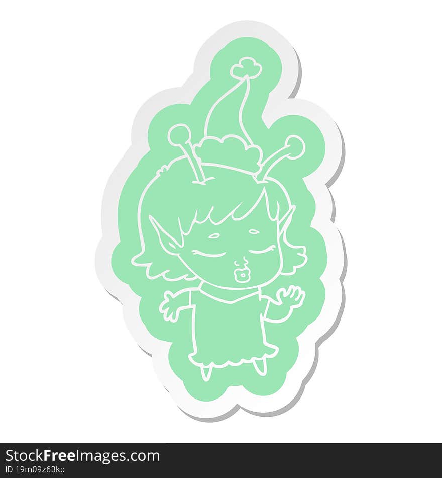 cute alien girl cartoon  sticker of a wearing santa hat