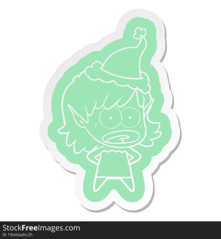 cartoon  sticker of a shocked elf girl wearing santa hat