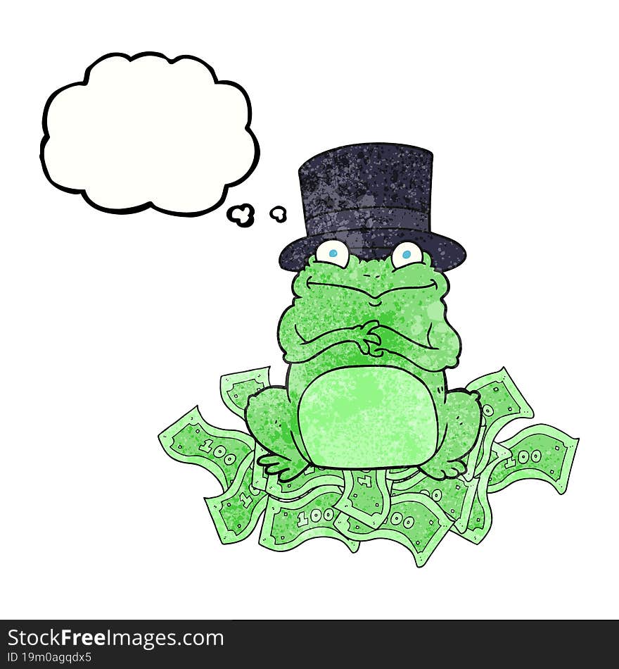 freehand drawn thought bubble textured cartoon rich frog in top hat