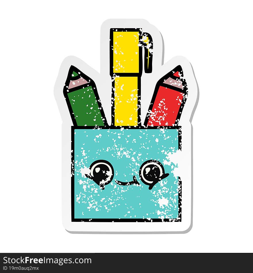 distressed sticker of a cute cartoon pencil pot