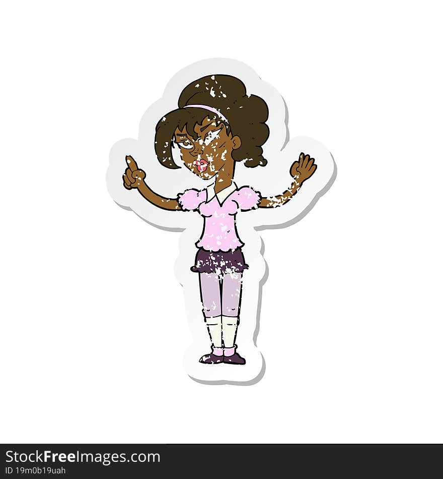 retro distressed sticker of a cartoon woman with idea