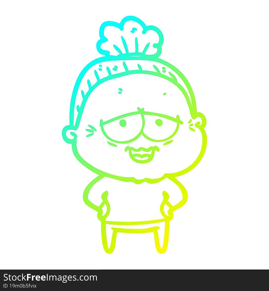 cold gradient line drawing cartoon happy old lady