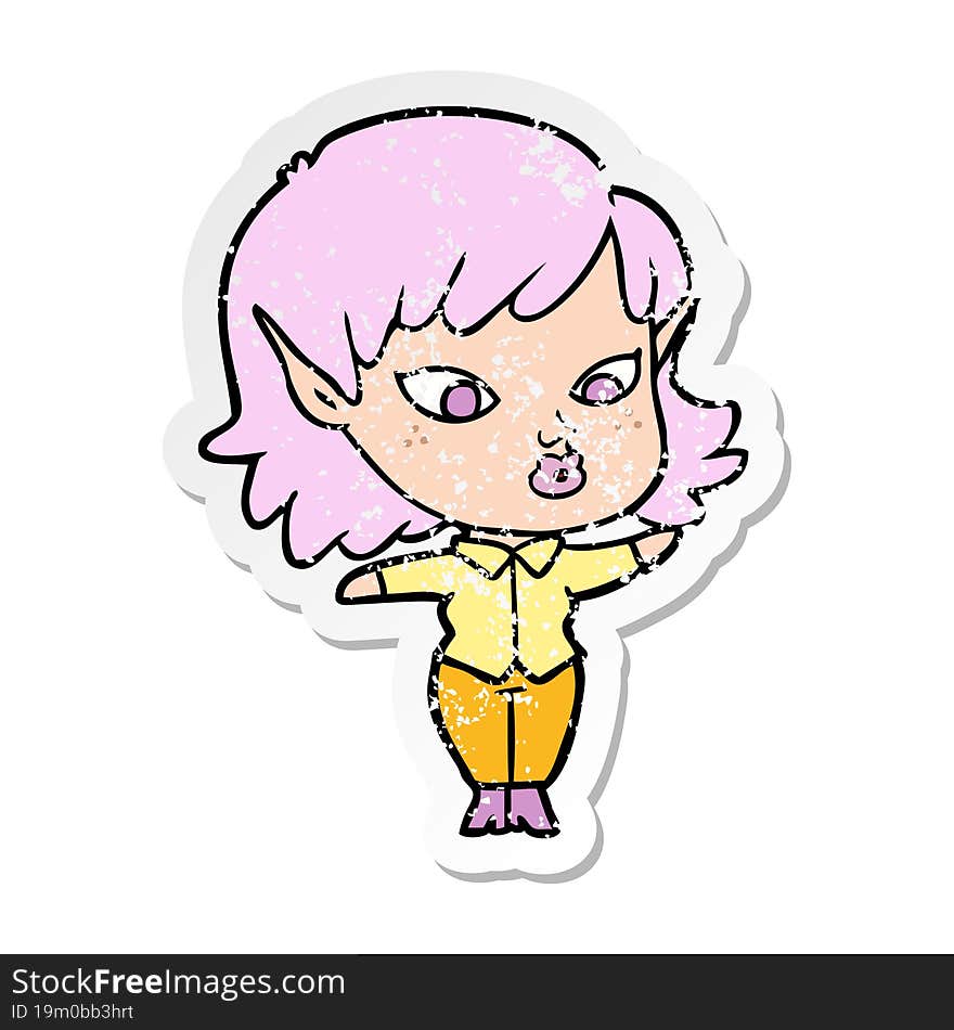 Distressed Sticker Of A Pretty Cartoon Elf Girl