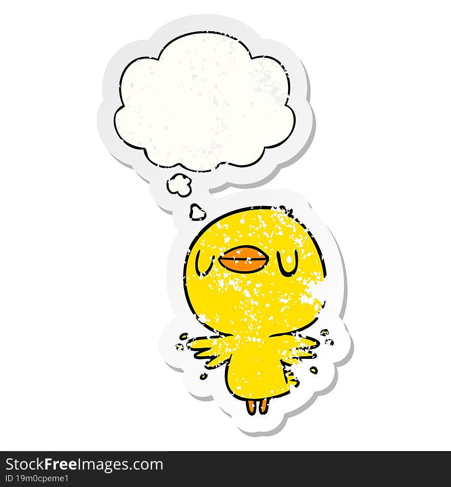 cartoon chick flapping wings and thought bubble as a distressed worn sticker