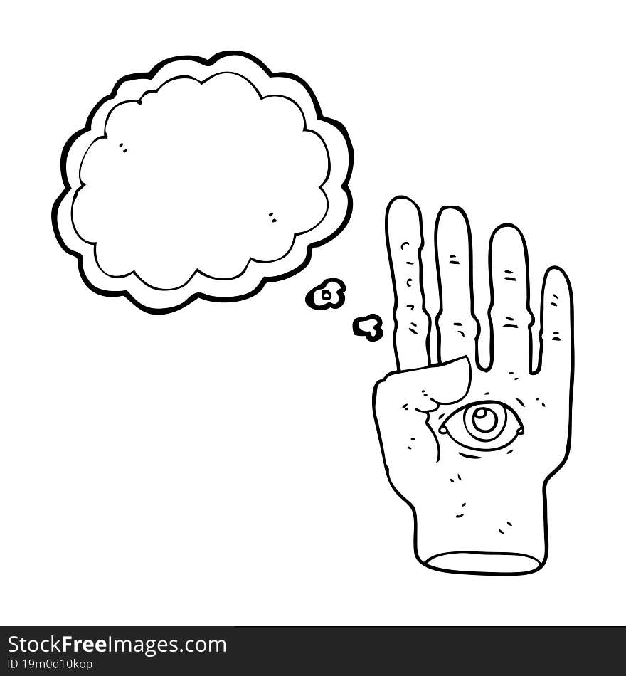 freehand drawn thought bubble cartoon spooky hand with eyeball