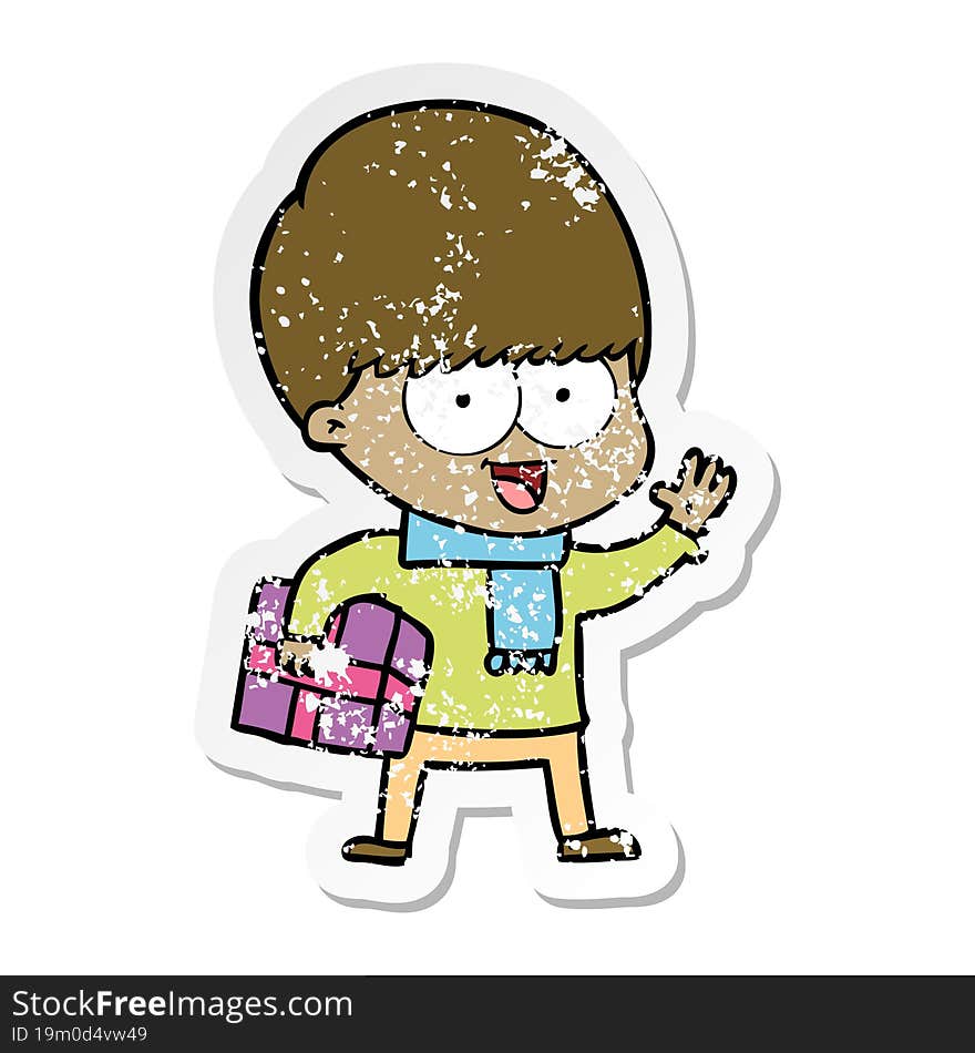 Distressed Sticker Of A Happy Cartoon Boy With Present