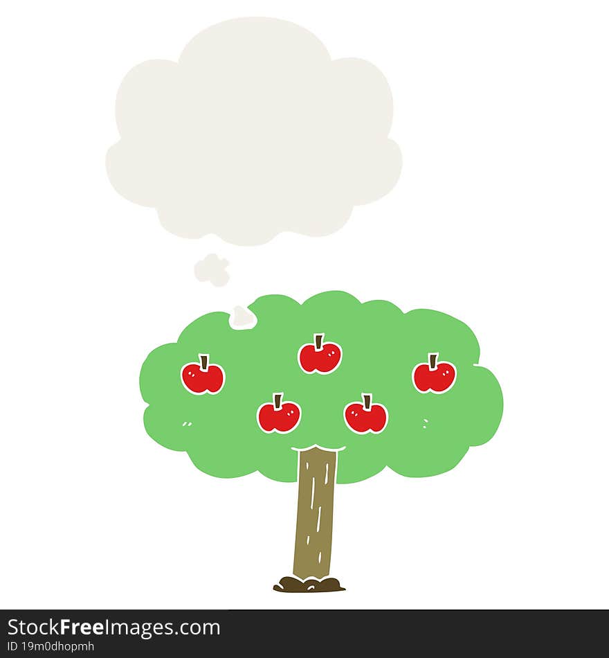 cartoon apple tree and thought bubble in retro style