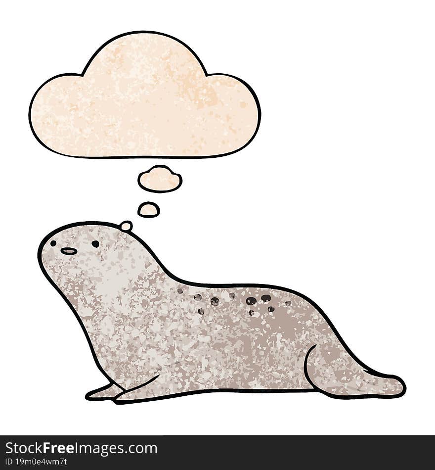 cartoon seal and thought bubble in grunge texture pattern style