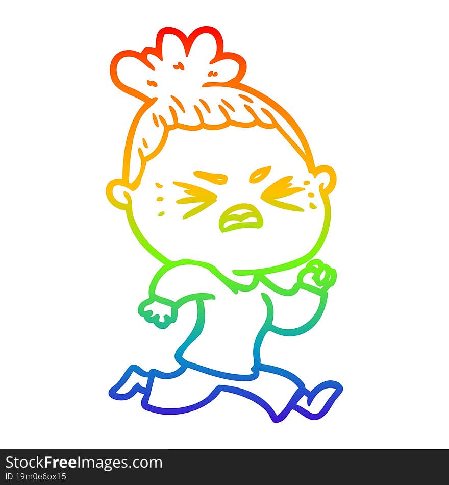 rainbow gradient line drawing of a cartoon angry woman