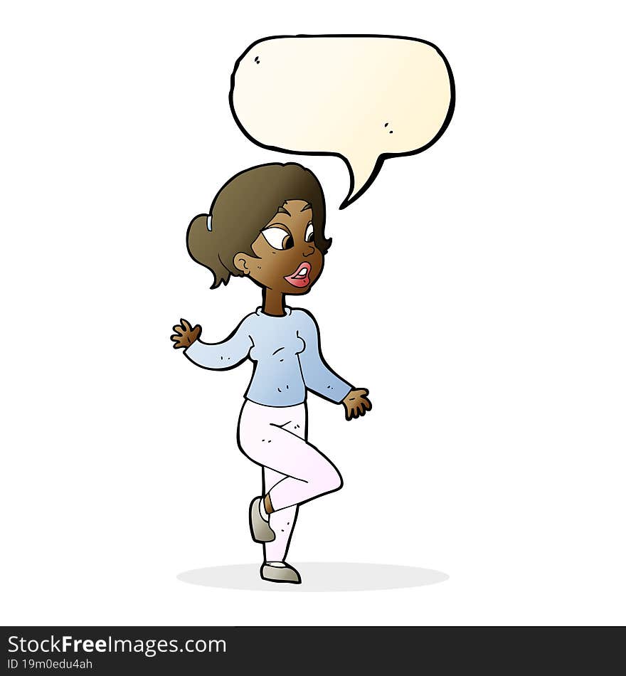 cartoon friendly woman waving with speech bubble