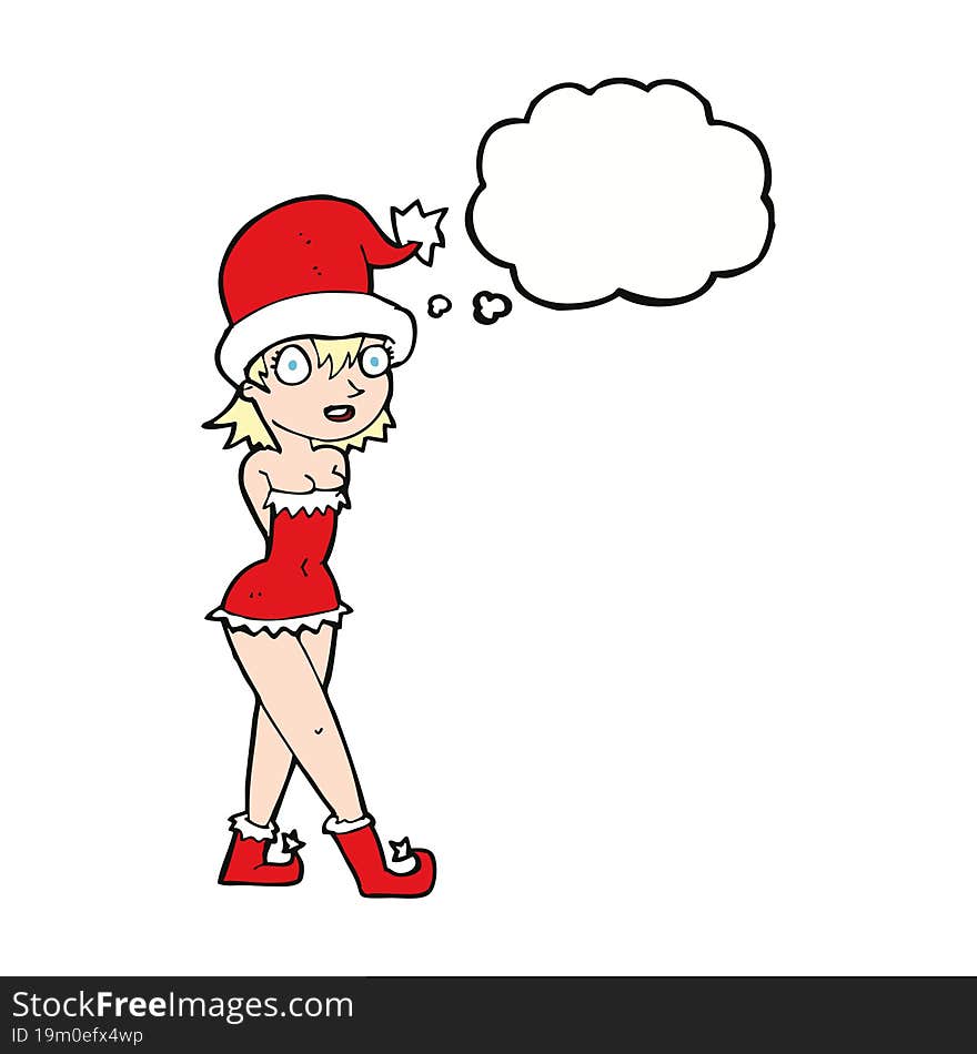 cartoon woman in christmas elf costume with thought bubble