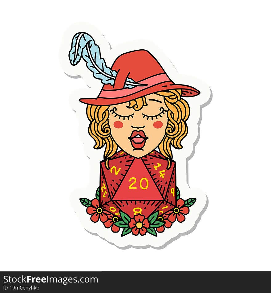 sticker of a human bard with natural 20 dice roll. sticker of a human bard with natural 20 dice roll