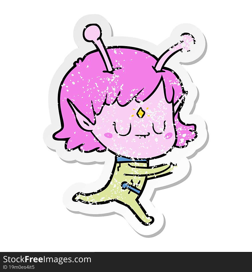 distressed sticker of a cartoon alien girl