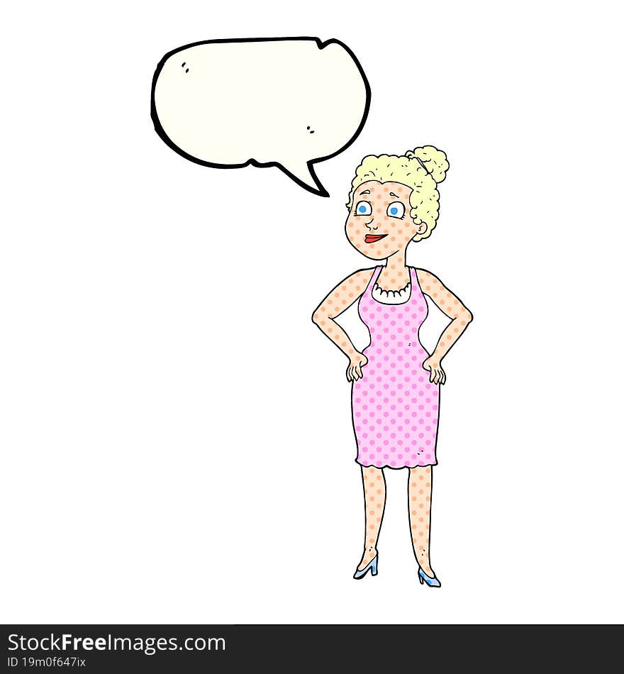 freehand drawn comic book speech bubble cartoon woman wearing dress