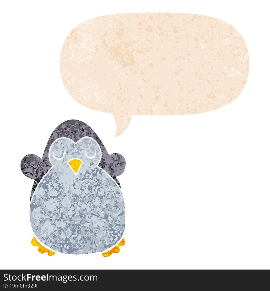 Cartoon Penguin And Speech Bubble In Retro Textured Style