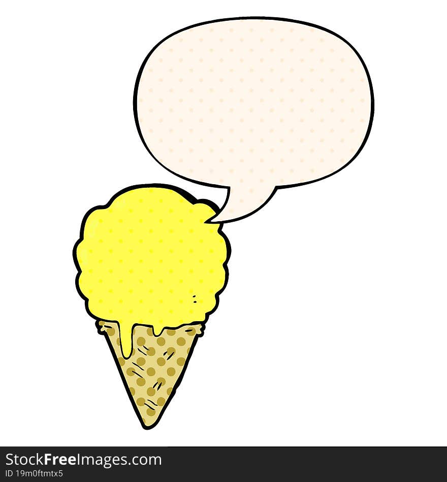 cartoon ice cream and speech bubble in comic book style