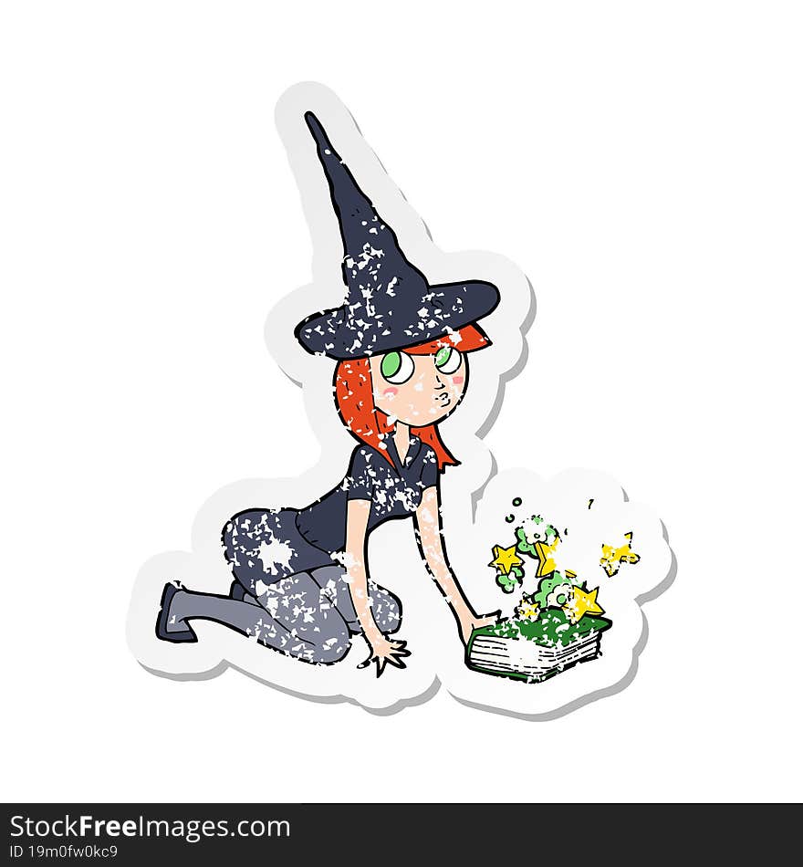 retro distressed sticker of a cartoon witch and spell book