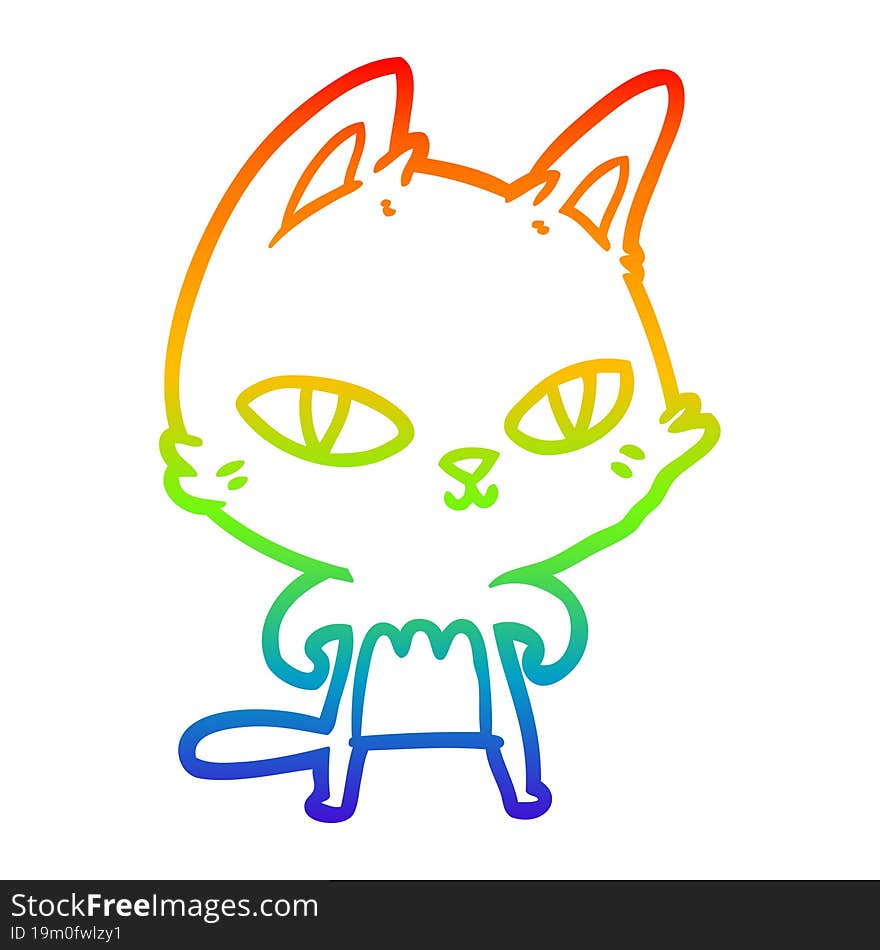 rainbow gradient line drawing of a cartoon cat staring